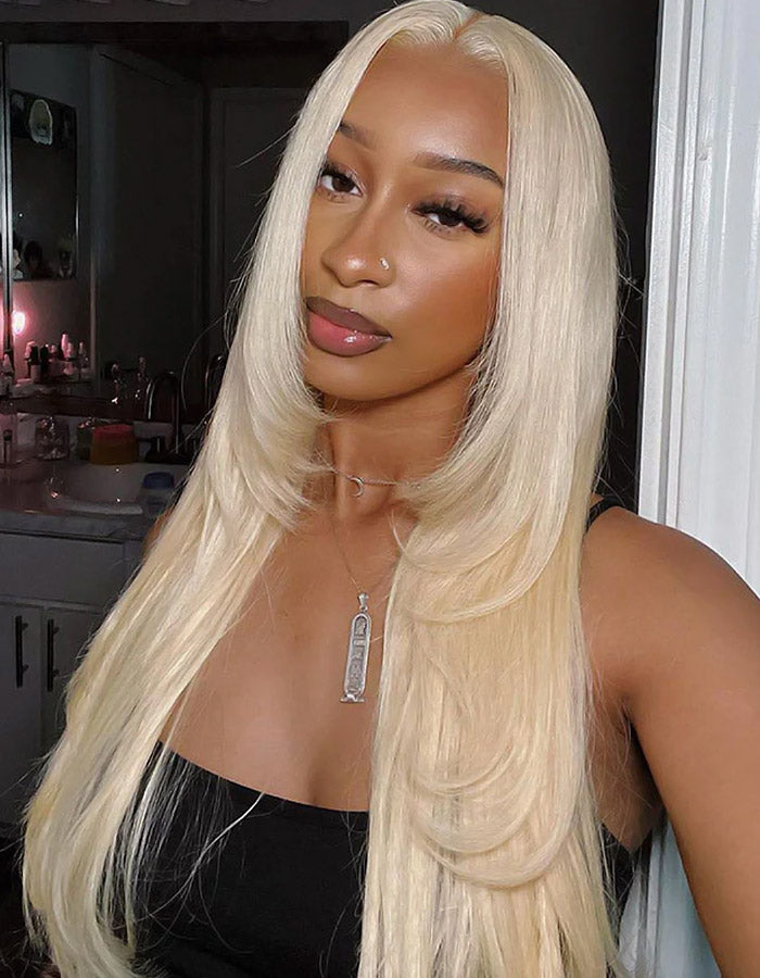 Woman With Long Straight Blonde Hair Showcasing 613 Full Lace Wig