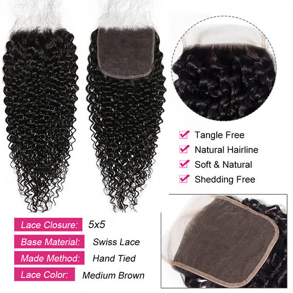 Jerry Curly 5X5 Lace Closure With Defined Curls and Medium Brown Lace, Tangle-Free