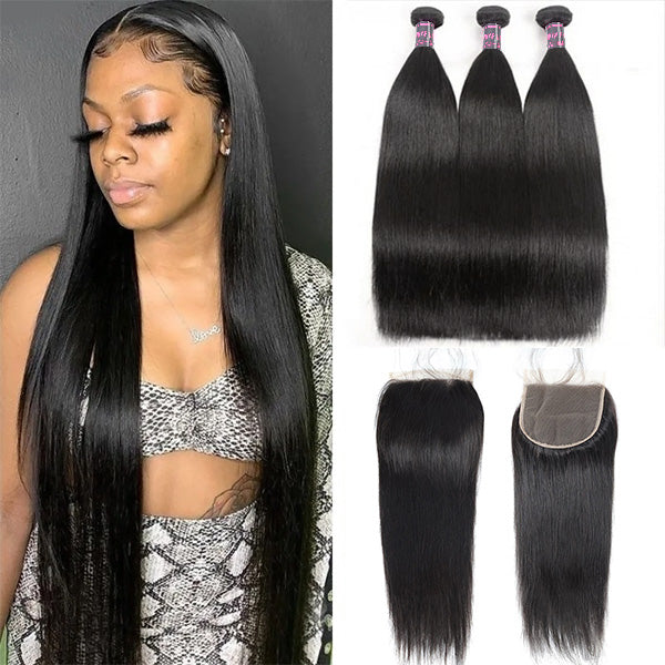3 bundles of straight Brazilian human hair, 5x5 lace closure, and a wig on a mannequin head. Natural black 100% human hair, smooth and sleek.