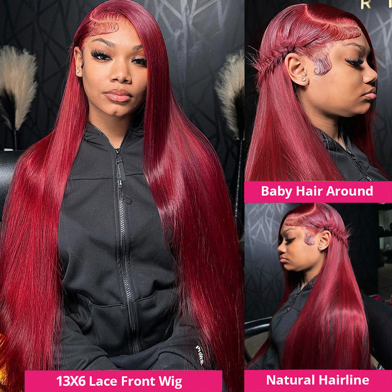 Model With Natural Hairline Showcasing 13X6 Lace Front Wig in Vibrant 99J Burgundy