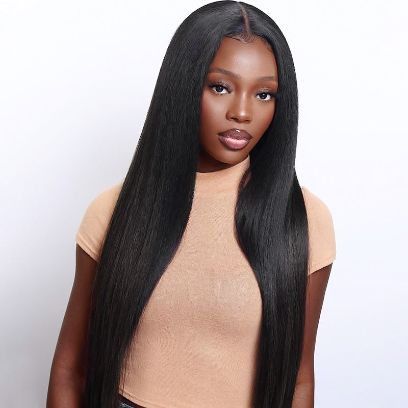 Ishow Yaki Straight Lace Front Wig - Model Wearing Black Human Hair Wig