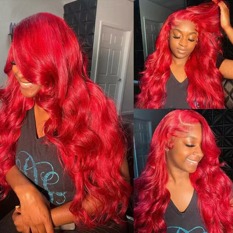 Vibrant Red Body Wave Lace Front Wig Styled With Loose Curls