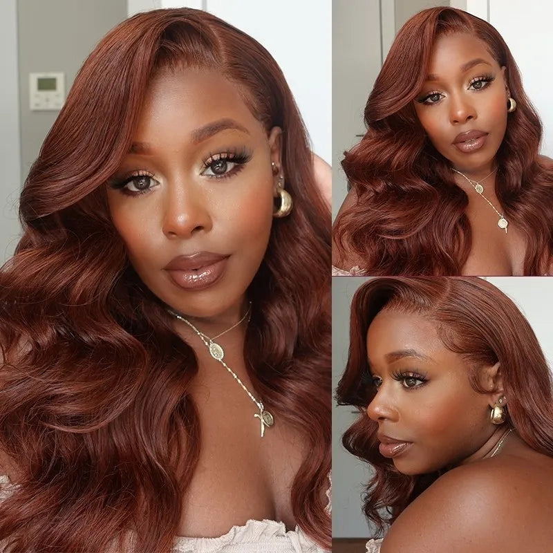 Woman Wearing Auburn Reddish Brown Body Wave Wig
