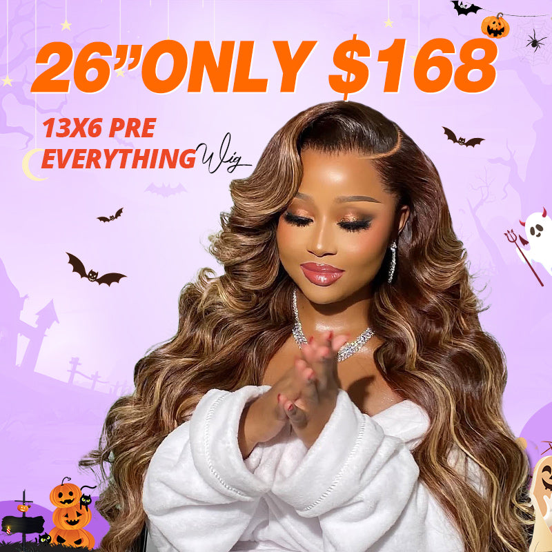 A black woman with styled p4/27 highlight wig against a yellow background with text saying"26" 13x6 wig only $168"