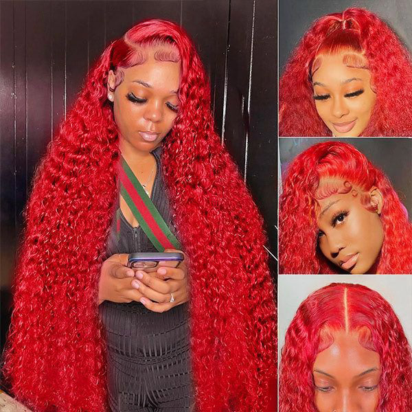 Model Wearing Ishow Pre Plucked Red Deep Wave Lace Front Wig
