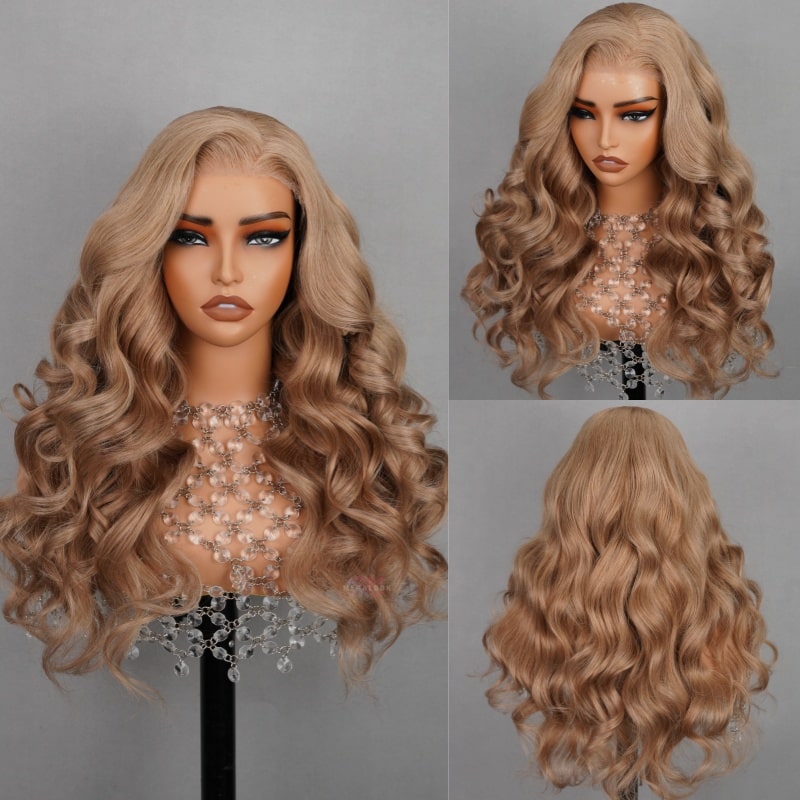 Light Flaxen Brown Body Wave Wig On Mannequin Showcasing Cascading Curls and Volume