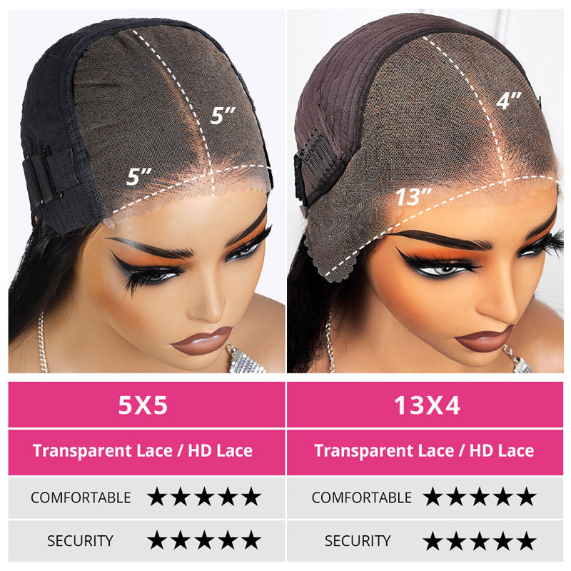 Comparison of 5X5 and 13X4 Wig Caps With Transparent and HD Lace Ratings