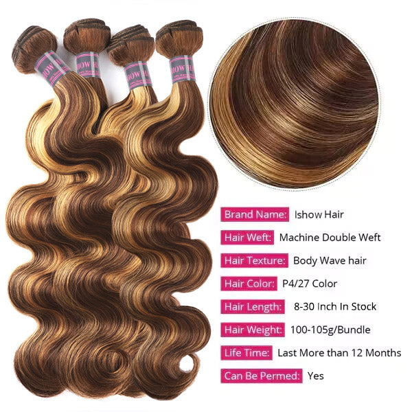 Ishow P4/27 Body Wave Human Hair Bundles, 8-30 Inch, Machine Double Weft
