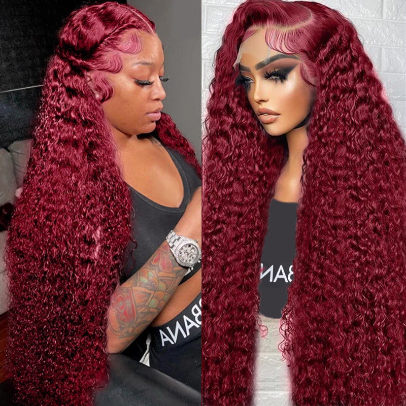Deep Wave Wig 99J Burgundy color on a mannequin showcasing HD lace closure, natural deep wave texture, and voluminous 250 density hair from different angles.