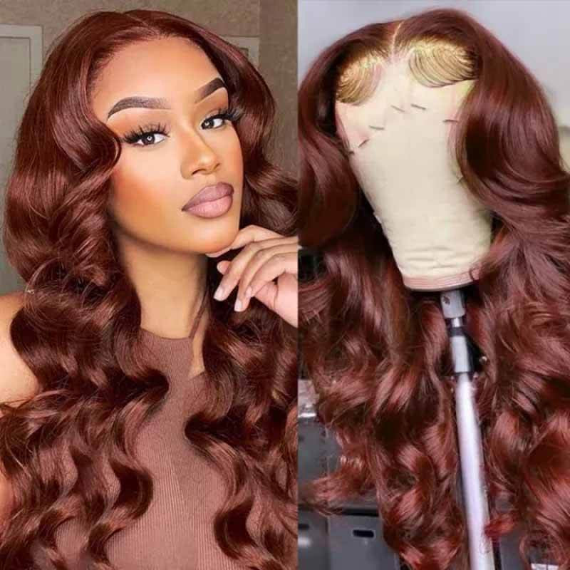 Woman modeling Ishow Wear Go PPB™ Pre Cut HD Lace human hair wig in #33 auburn reddish brown body wave, with close-up views of the wig's hairline, baby hairs, ponytail, and braid styling options.
