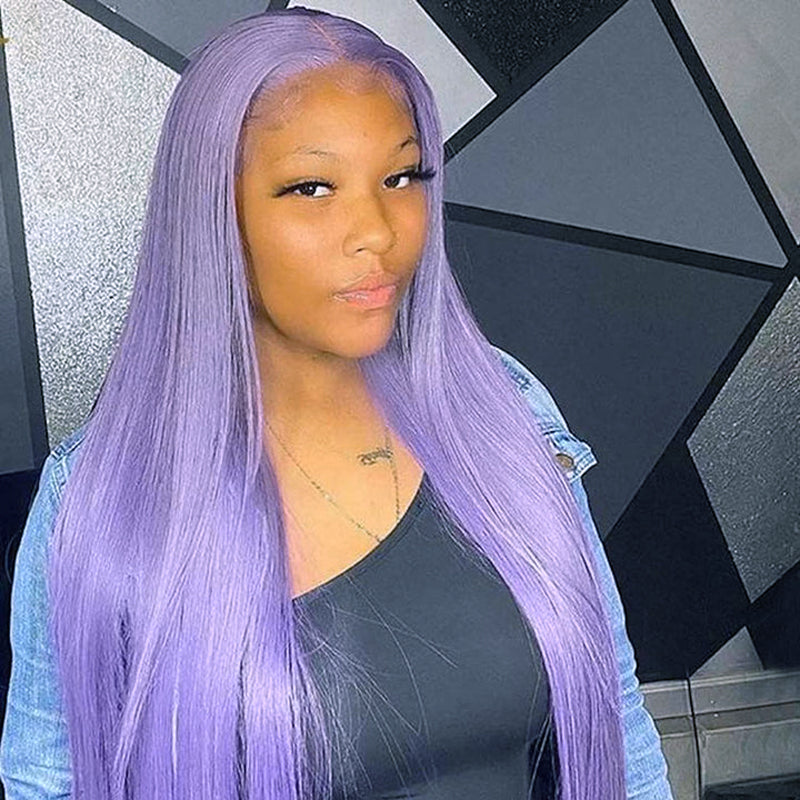 Model in a Straight Light Purple Human Hair Wig, Styled for a Trendy Look