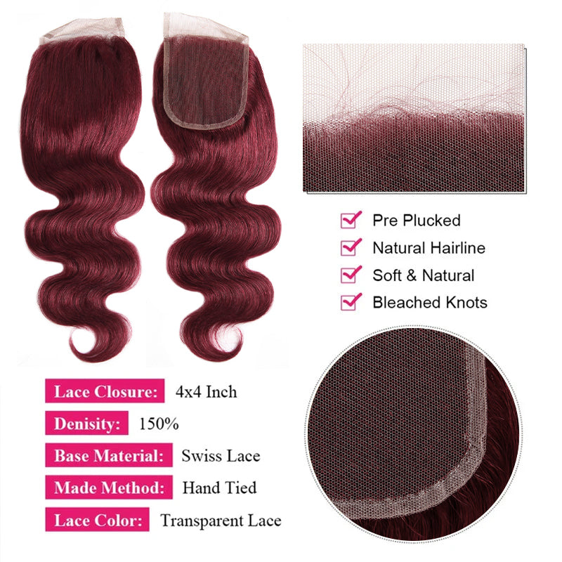 Burgundy Bundles with Closure Body Wave 3 Bundles With Human Hair Brazilian Hair
