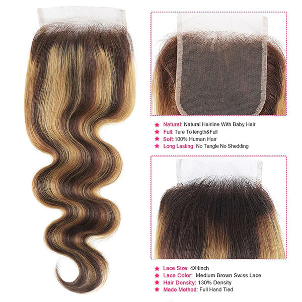 P4/27 Lace Closure With Soft Body Wave and Natural Hairline, 4X4 Swiss Lace