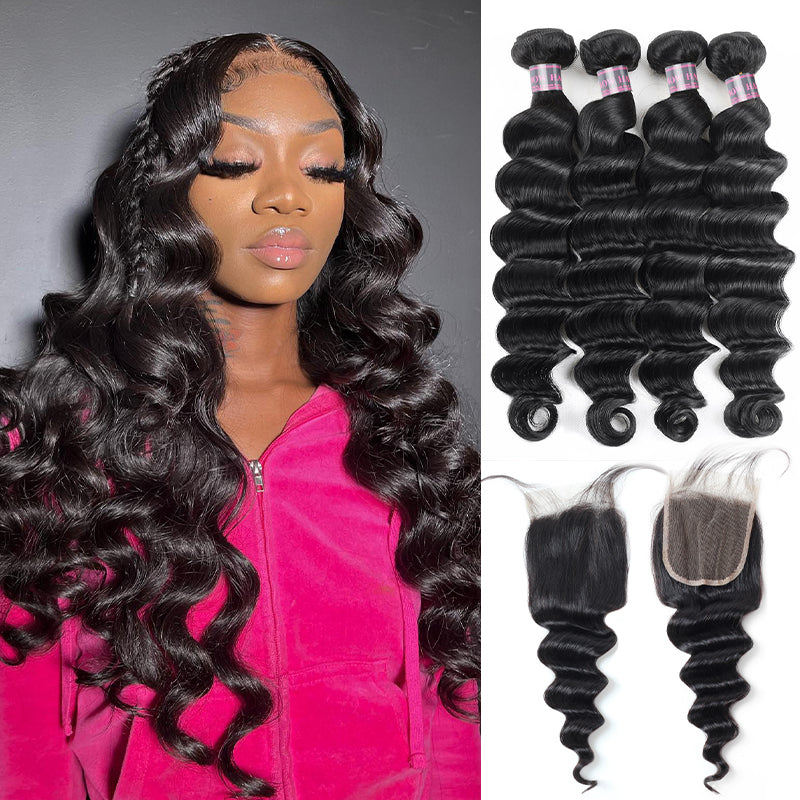 Model With Brazilian Loose Deep Wave Hair and 4 Bundles With Lace Closure