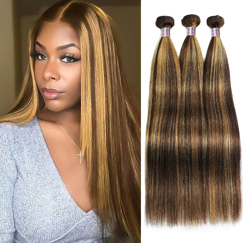 Brazilian Hair Bundles P4/27 Highlight and Woman Wearing Same Color Hair