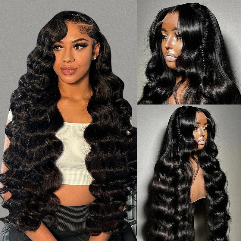 Model Displaying Three Styles of Body Wave Wigs With Long Black Hair