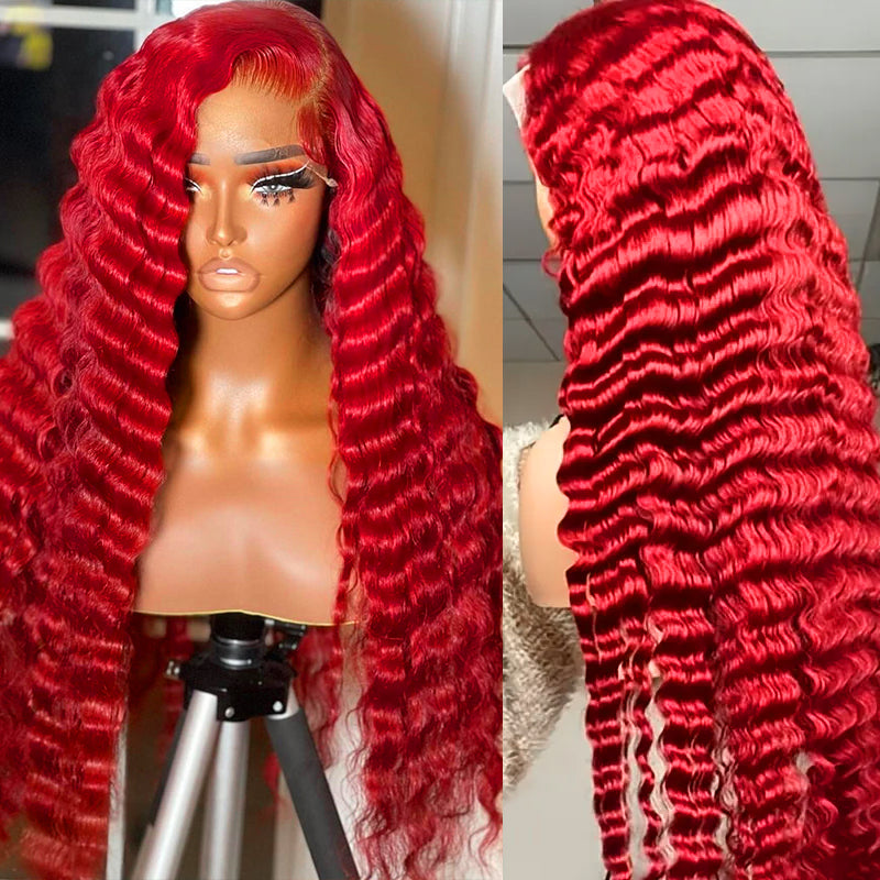 Model Wearing Ishow Pre Plucked Red Deep Wave Lace Front Wig