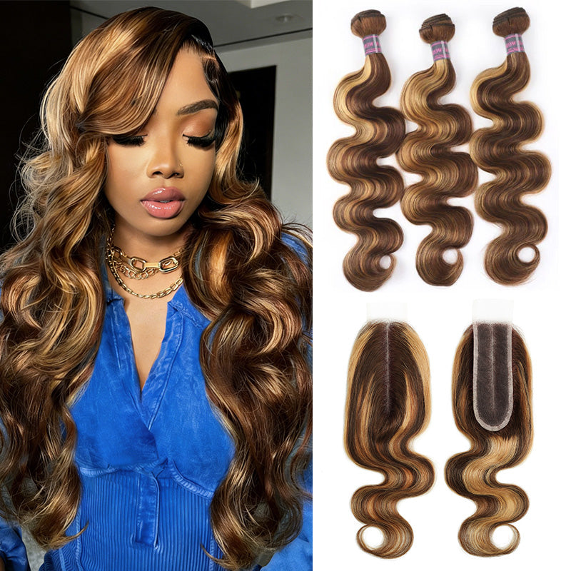 A Women Wearing Highlight Color Hair, Feature with Human Hair Bundles And Deep Part Lace Closure