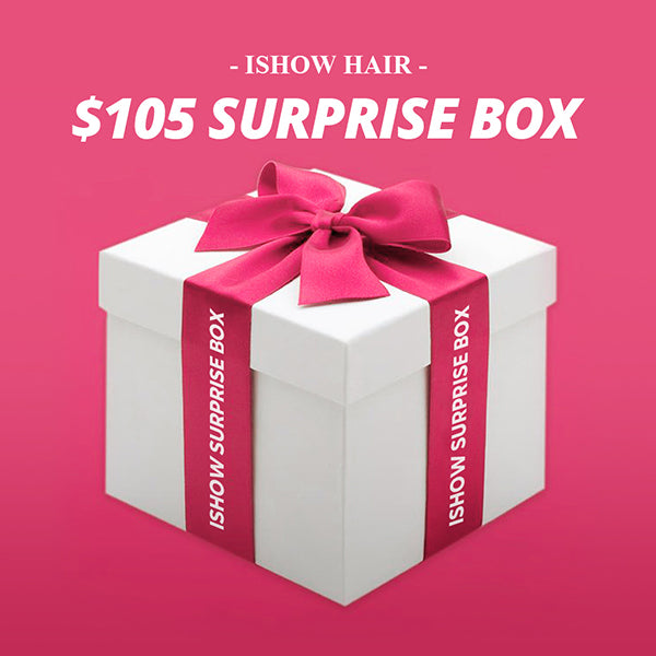 $105 surprise box from Ishow Beauty containing 1 lace wig, white gift box with pink ribbon, promotional hair product deal
