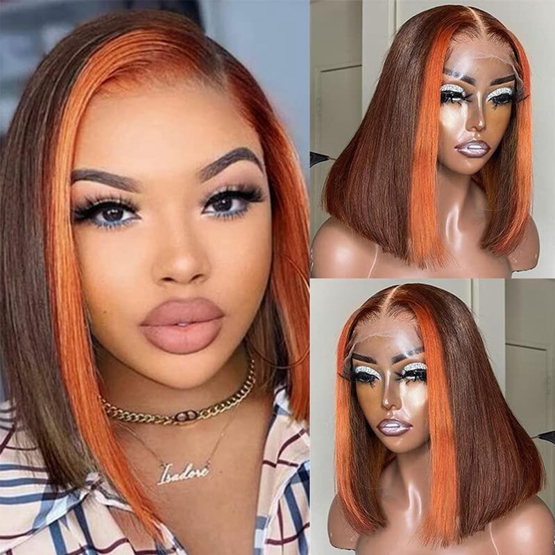 Ginger Orange Bob Wig Styled in a Straight Cut With Highlight On Mannequin and Model