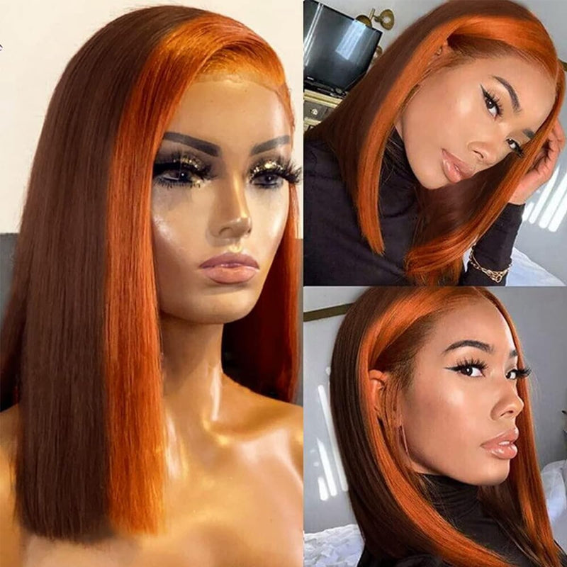 Ginger Orange Bob Wig Displayed On Mannequin and Worn By a Model