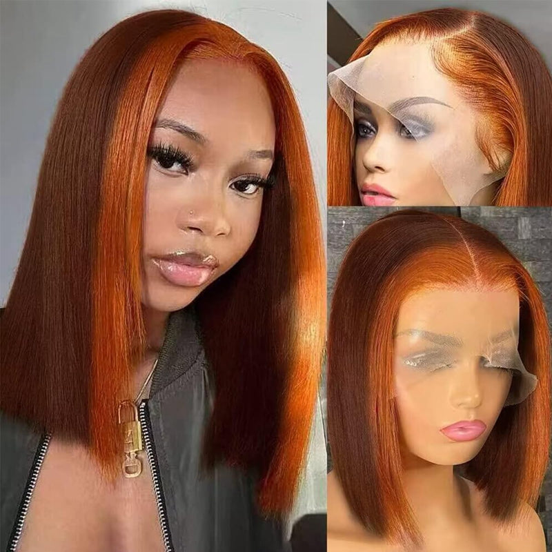 Ishow Colored Short Bob Wig in ginger orange with a skunk stripe on a mannequin and model, straight texture, 13x4 HD lace front, highlighting sleek and natural look.