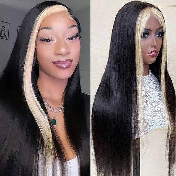 Sleek 1B/613 Skunk Stripe Straight Human Hair Wig Worn By Model