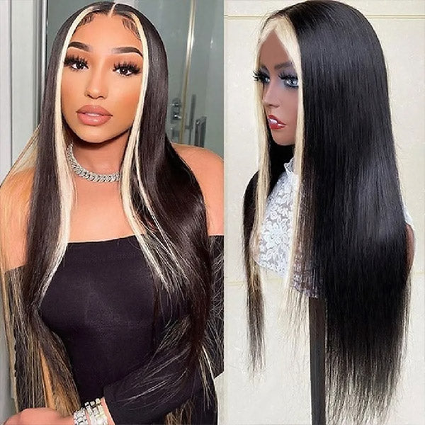 Glueless Straight Human Hair Wig With 1B/613 Skunk Stripe On a Model
