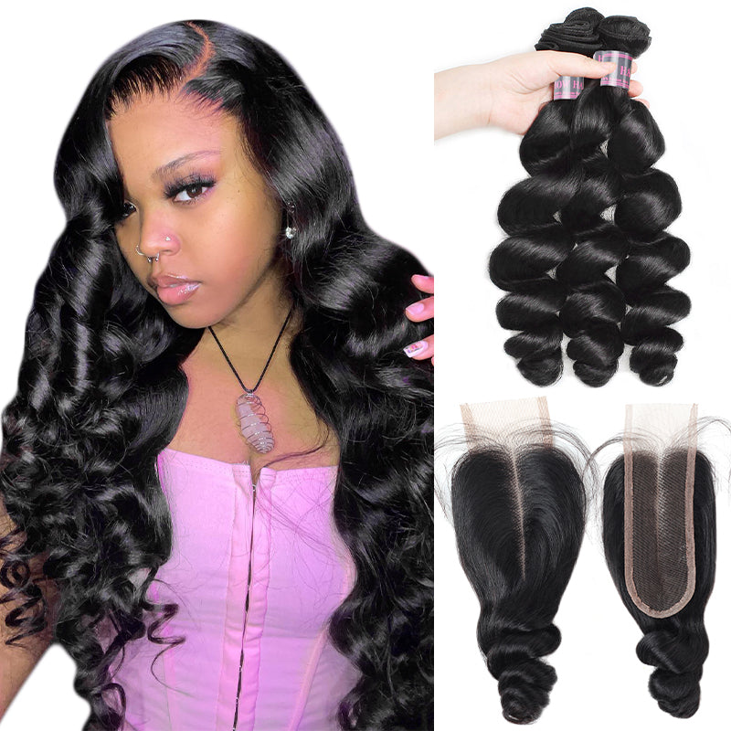Brazilian Loose Wave Human Hair Bundles With Closure