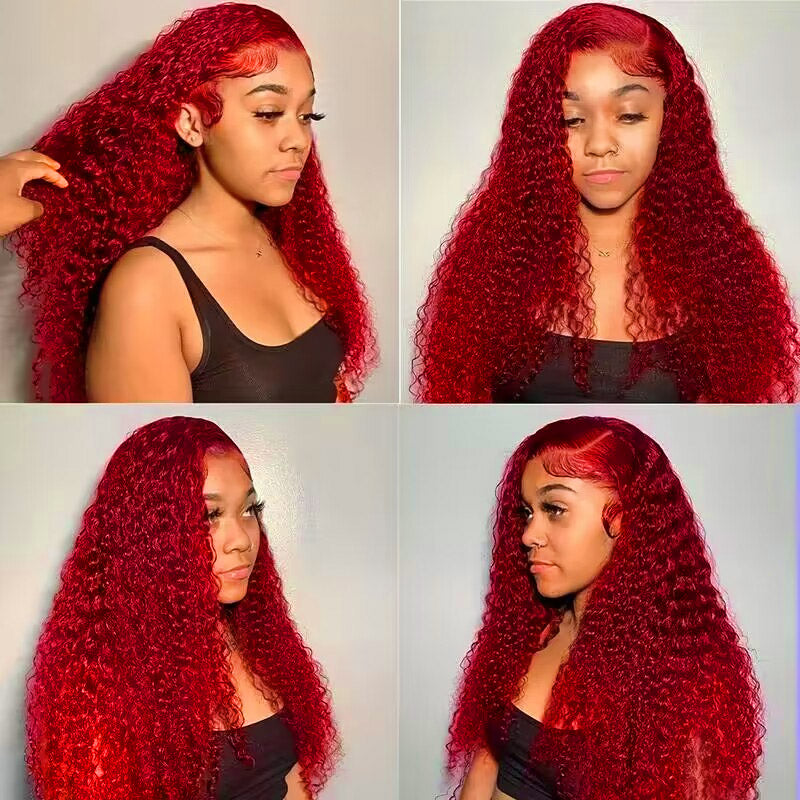Woman With Shiny Red Deep Wave Human Hair Wig Styled Naturally