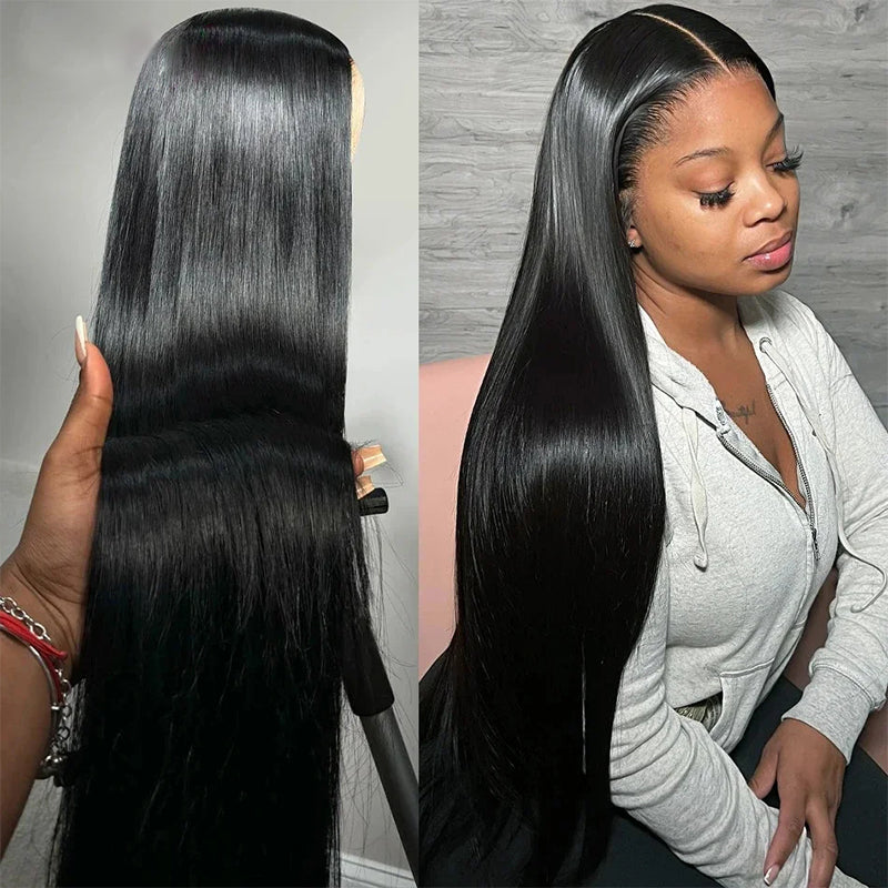 Ishow HD Lace Front Straight Wig Displayed and Worn By a Model in Natural Black