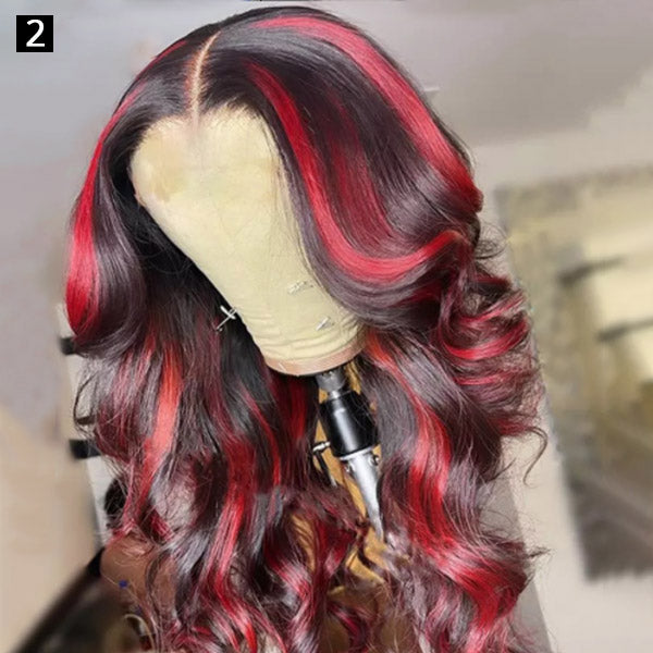 Customized Lace Front Wig With Red Highlights and Soft Curls