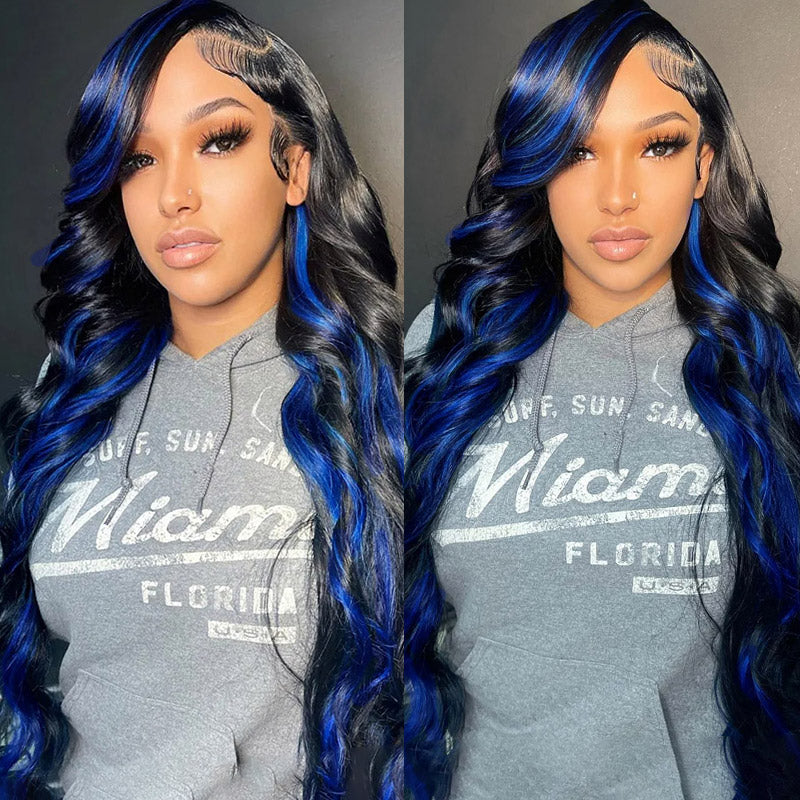 Model With Black and Gemstone Blue Body Wave Wig Styled in Loose Curls