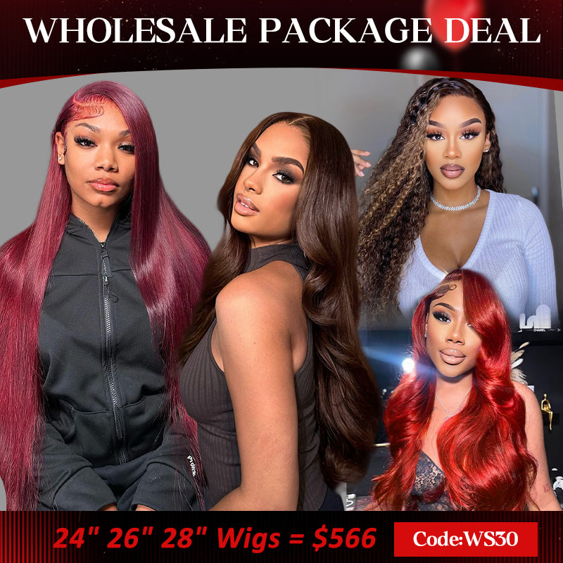 Colored Human Hair Wigs Collage Featuring 24, 26, 28 Inch Options at $566, Code Ws30