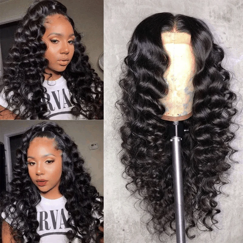 Loose Deep Wave Human Hair Wig Styled On Model, Showcasing Natural Curls and Volume