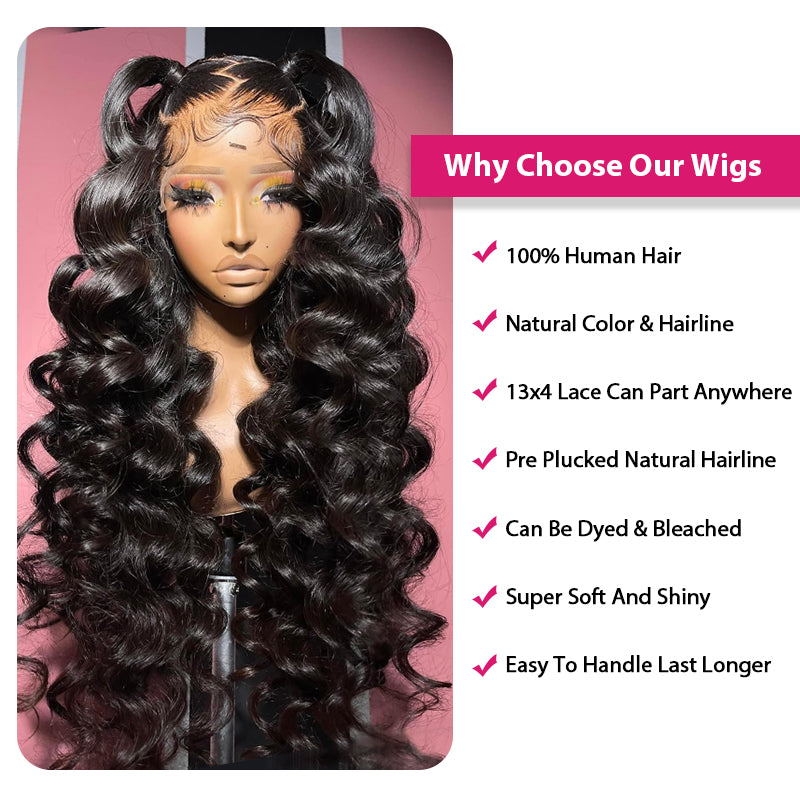 Loose Deep Wave Wig On Mannequin With 100% Human Hair and Pre-Plucked Hairline