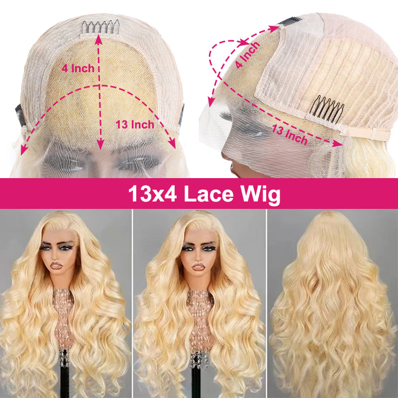 13X4 Lace Front Wig With Blonde Body Waves, Showcasing Lace Structure and Model Wearing It