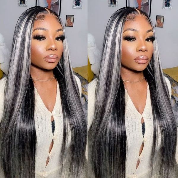 Model Wearing Gray Highlights On Black Hair Straight Lace Front Wig
