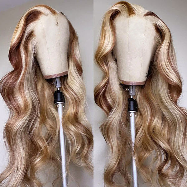 Body Wave Human Hair Wig With Brown and Blonde Highlights On Display