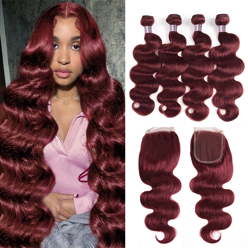 99J Burgundy Body Wave Hair Bundles With Lace Closure Displayed Alongside Model