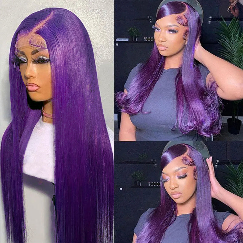Dark Purple Straight Lace Front Wig Displayed On Mannequin and Worn By a Model