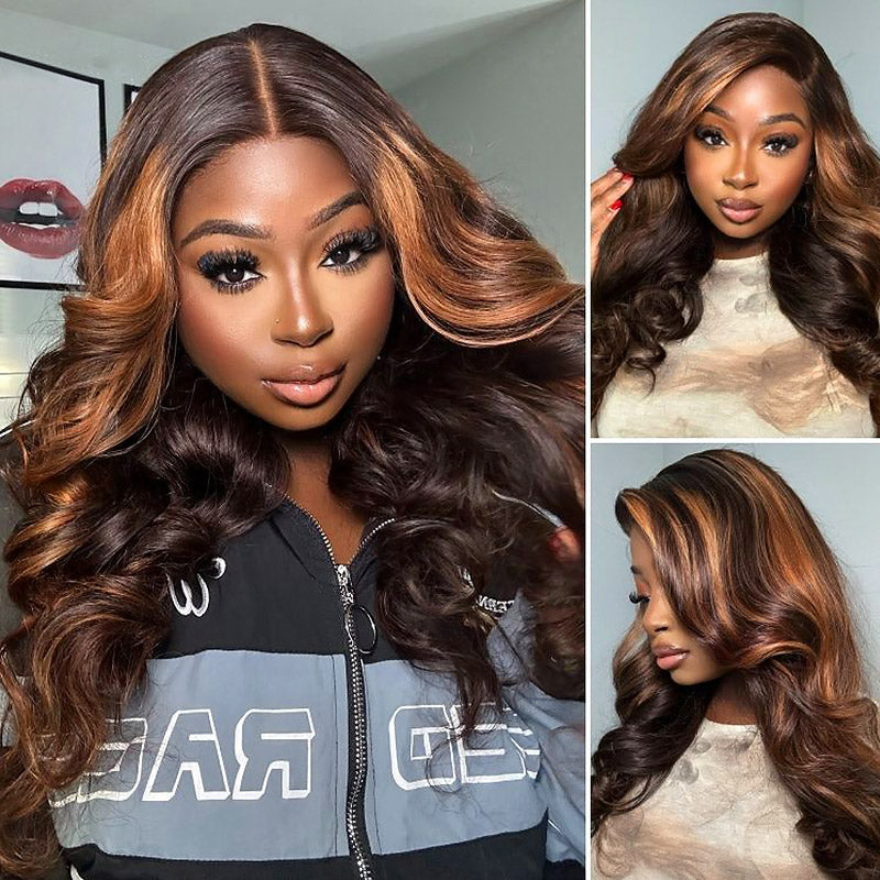 Model Displaying Auburn Brown Ombre Lace Frontal Wig With Body Wave Texture