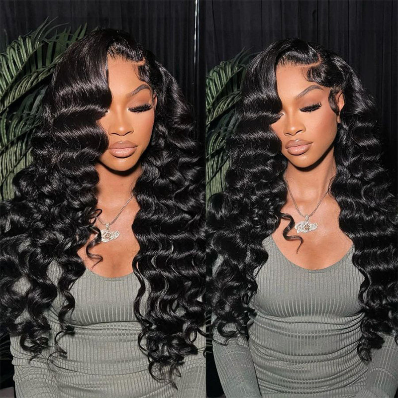 Model Showcasing 32 Inch Loose Deep Wave Wig With Styled Baby Hairs and Flawless Finish
