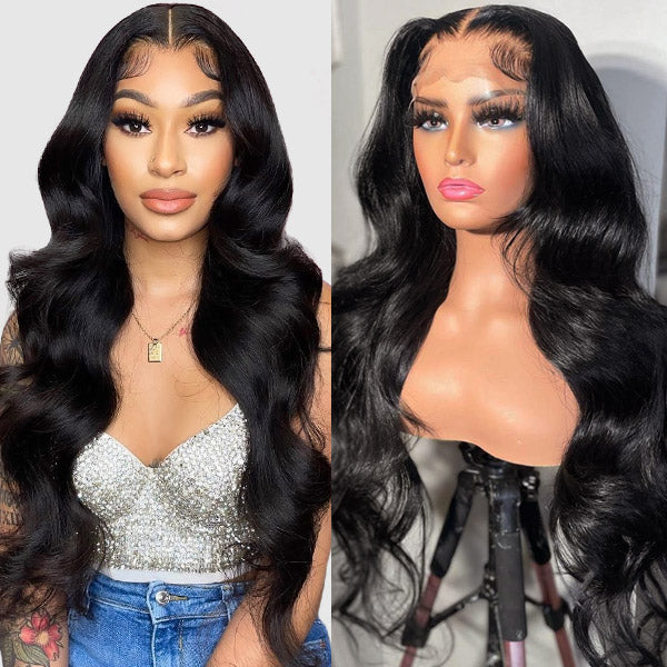 Model and Mannequin Showcasing 13X4 Lace Frontal Body Wave Wig in Natural Black Color
