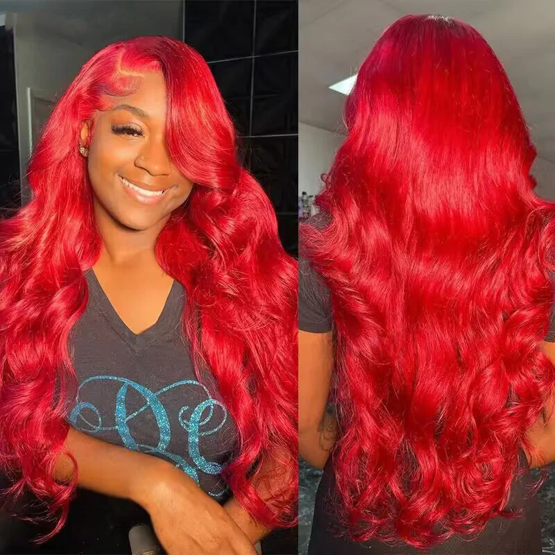 Woman modeling a vibrant red body wave glueless lace frontal wig in a indoor setting. The wig is 100% human hair, providing a natural and elegant look.