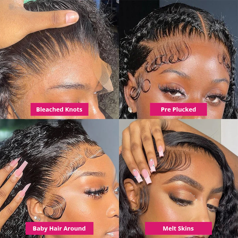 Collage of Features: Bleached Knots, Pre-Plucked Hairline, and Styled Baby Hairs On Wig