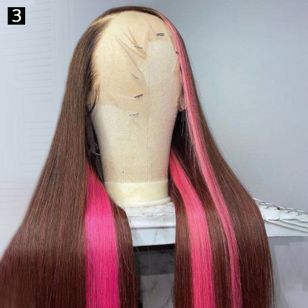 Brown Long Lace Front Wig With Vivid Pink Highlights