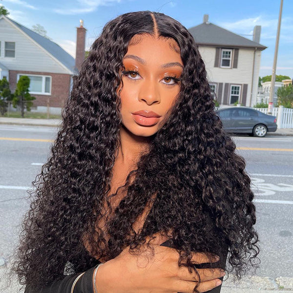 Model Wearing Water Wave Human Hair Wig in Natural Black Color Outdoors