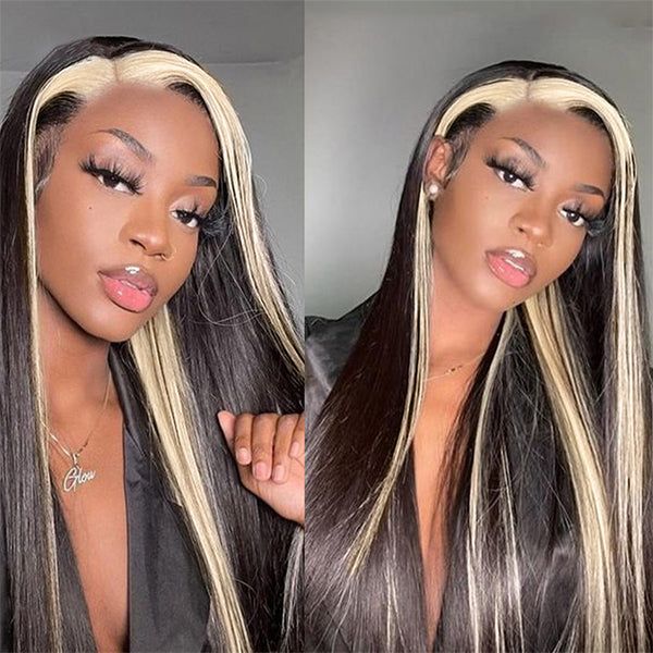 Woman with long, straight black hair with a blonde skunk stripe wearing Ishow PPB Invisible Knots 613 Blonde Skunk Stripe Straight Human Hair Wig, glueless pre-cut lace, posing for a photo.