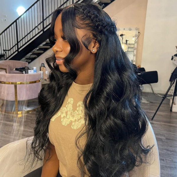 Side View of Woman Wearing Natural Black Body Wave Lace Frontal Wig